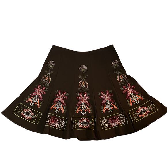 Embroidered Floral Midi Maxi A-Line Flare Skirt Brown 24 Boho Y2K Fairy Romantic - Picture 1 of 7